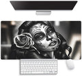 Day of the Dead Sugar Skull Woman Large Mouse Pad, Black White Desk Mat | Keyboard Mat Stitched, 31.5" x 15.8", La Catrina Art, Mexican Dia De Los Muertos, Rose Tattoo, Gothic Chicano, Halloween by Knseva