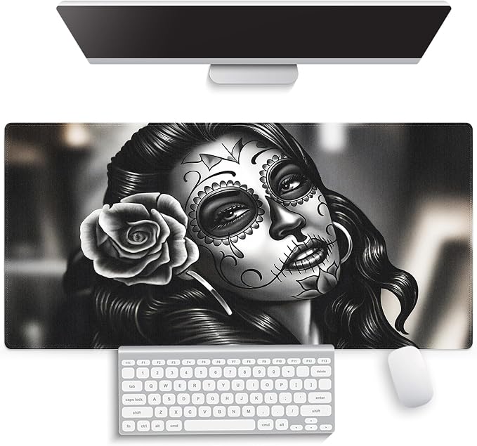 Day of the Dead Sugar Skull Woman Large Mouse Pad, Black White Desk Mat | Keyboard Mat Stitched, 31.5" x 15.8", La Catrina Art, Mexican Dia De Los Muertos, Rose Tattoo, Gothic Chicano, Halloween by Knseva