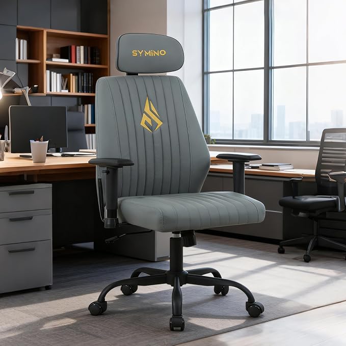 Symino Office Chair Ergonomic with 109° Rocking Function, Premium PU Leather, Integrated Lumbar Support, Adjustable Headrest & Armrests, Swivel Desk Chair - Image 2