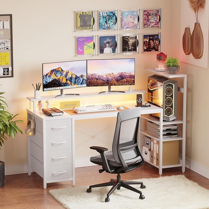 59 Inch Gaming Desk with Drawers & PC Tower Stand & LED Lights, White - Image 3