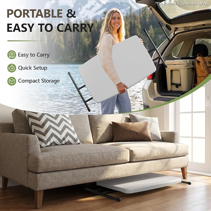 Folding Table 30 Inch -6pack, Small Desk Adjustable Height TV Tray for Laptop, Couch, Camping - Heavy Duty Utility Foldable Table for Small Spaces, No Assembly Required, White - Image 7