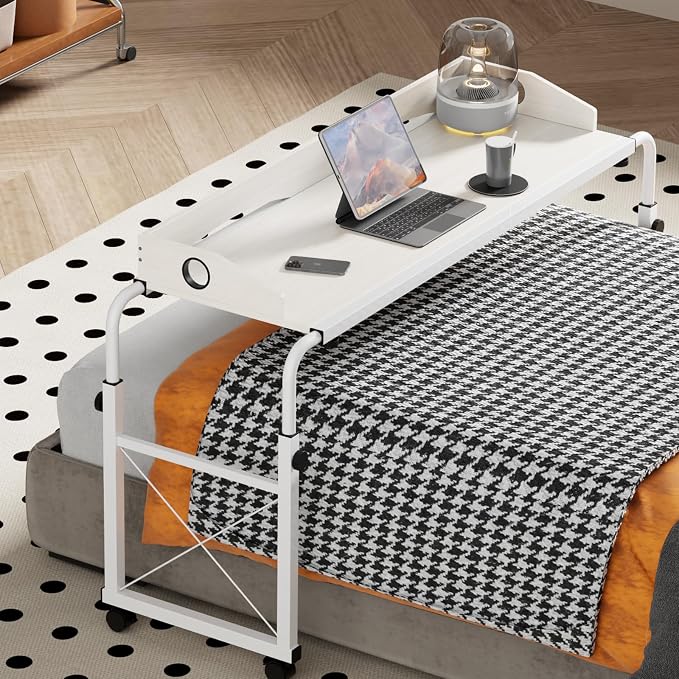 Overbed Table with Wheels, Adjustable Queen & King Bed Desk, White by DAPOTUGI