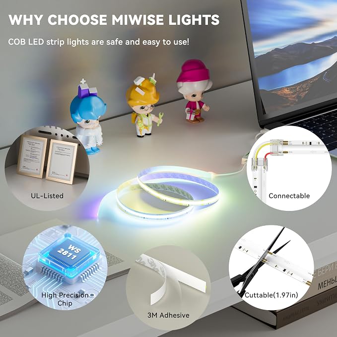 MIWISE 5V USB COB LED Strip Lights,RGB Smart IC LED Strip with App Control,Bluetooth Addressable Music Sync Color Changing Strip Lights,3M Back-Adhesive for Gaming Room PC Home Decor 6.56ft - Image 5
