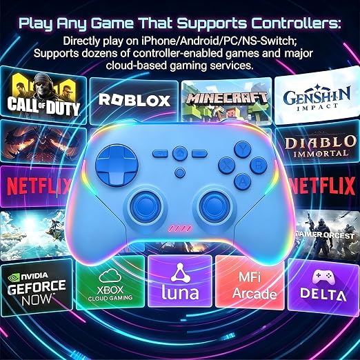 Megadream Phone Controller for PC/Switch 2|Swith/Android/iPad/Tablet/iPhone Controller - RGB light - Hall Effect Trigger/Joystick - Call of Duty, Roblox, Genshin Impact, Direct Play, Blue - Image 5