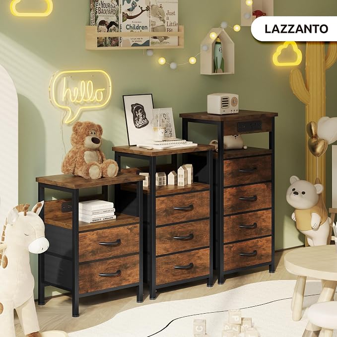 Lazzanto Night Stand with Charger Station, 4 Fabric Drawers, Brown - Image 8