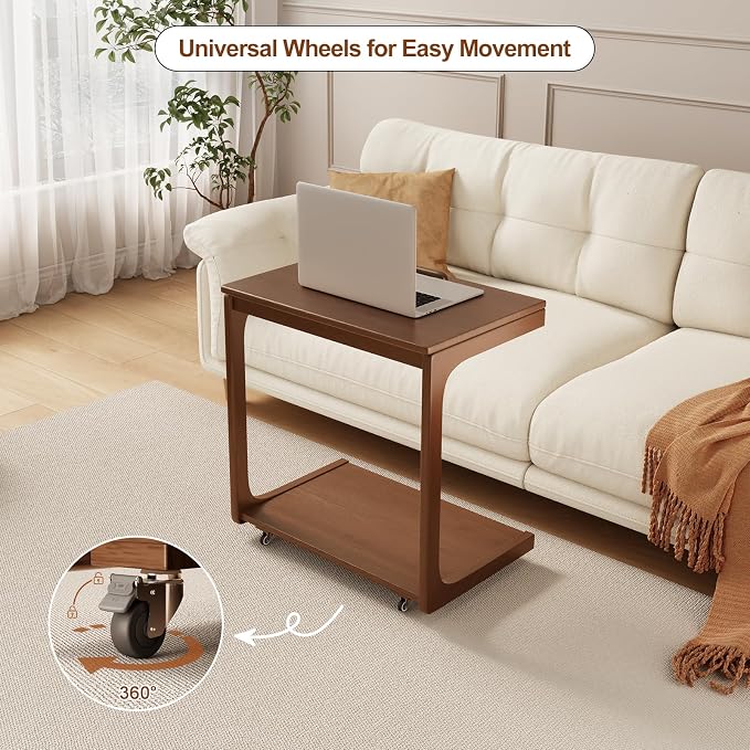 AQIMUELE Wooden C-Shaped End Table,Couch Table with Adjustable Desktop,Small Rolling Side Table with 2 Lockable Wheels 23.6" Width,Small End Table for Couch, Living Room,Bedroom (Walnut) - Image 4