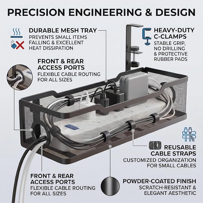 Under Desk Cable Management Tray, No Drill Cable Organizer for Desk, Metal Wire Management Basket with Clamp Mount, Cord Organizer Holder for Standing Desk, Home Office and Gaming Setup - Image 5