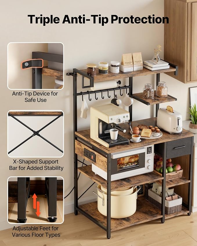 VEVOR Kitchen Bakers Rack with Power Outlets, 31.5 x 15.7 x 55.1 Inch Microwave Stand with Built-in Power Strip & 4.6 Ft Cord, 8 S-Shaped Hooks, for Dish Storage, Spice Jars, Coffee Bar Organization - Image 7