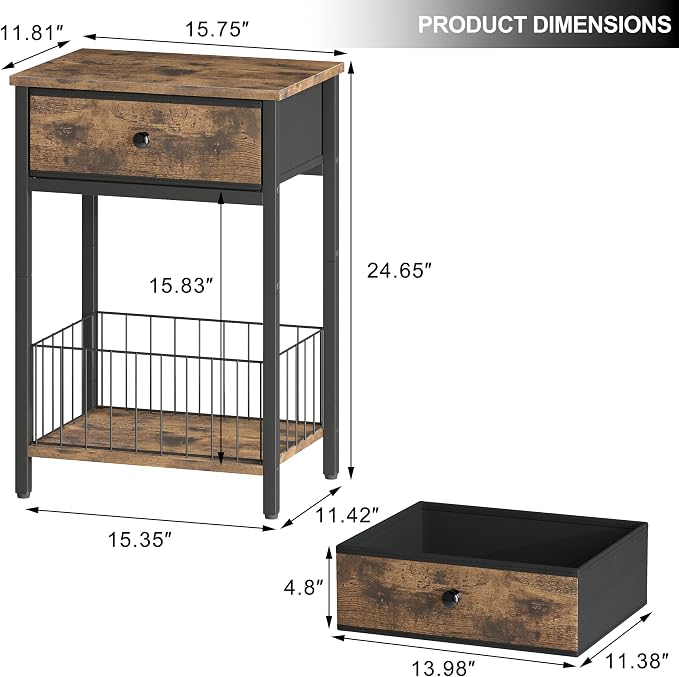 Night Stand Set 2, Night Stand with Drawers, Industrial nightstand, Nightstand with Fabric Bins, Bedside Table End Table for Bedroom, Closet, Entryway, College Dorm, Rustic Brown LNT0061BR2 - Image 3