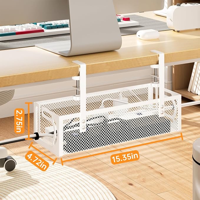 Under Desk Cable Management Tray, 15.7'' No Drill Steel Desk Cable Organizers, Wire Management Tray Cable Management Rack (2 Packs-White) - Image 7