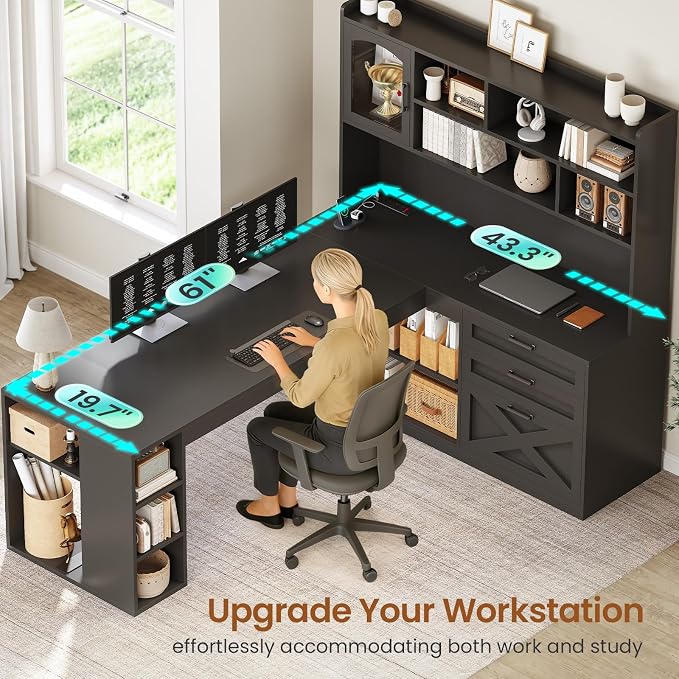 SEDETA 61" Farmhouse L Shaped Gaming Desk with Drawers, Bookshelf Storage - Image 7