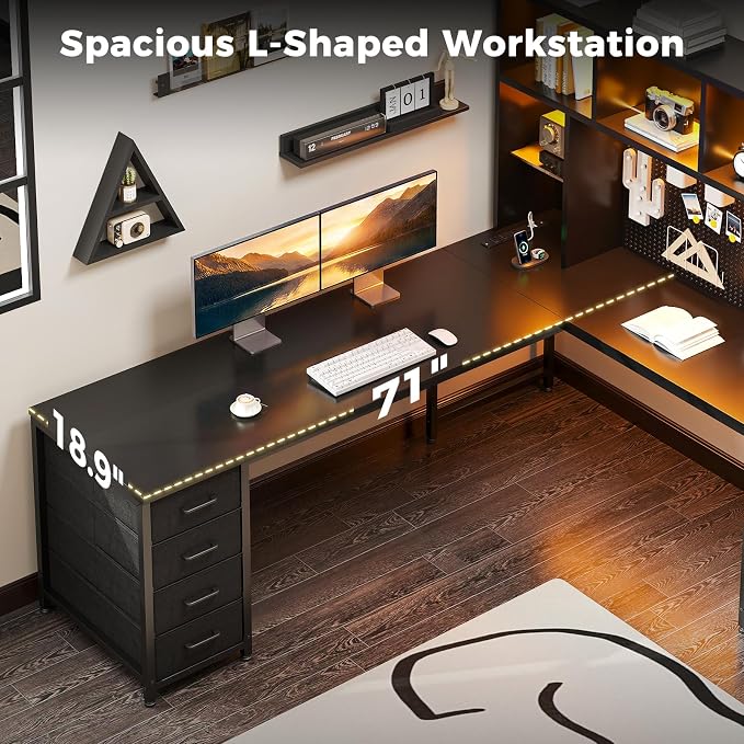 AODK 71" L Shaped Desk for Gaming and Working，Black | PC Desk with Hutch, Pegboard & Shelves, 4 Drawers, Integrated LED Light Strip & Power Outlets, Reversible - Image 9