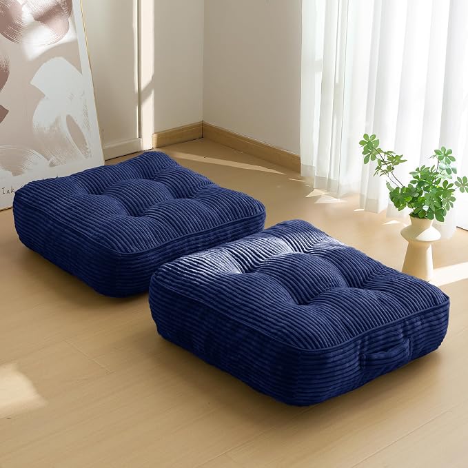 HIGOGOGO 6" Extra Thick Floor Pillow Cushion for Adults, Meditation Cushion Pillow, Large Square Floor Sitting, Tufted Corduroy Cover, for Tatami Living Room or Yoga, 22x22 Inch, 2Pack, Navy by HIGOGOGO