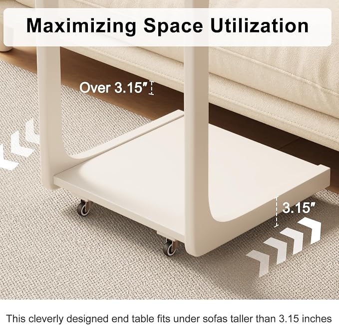 AQIMUELE Wooden C-Shaped End Table,Couch Table with Adjustable Desktop,Small Rolling Side Table with 2 Lockable Wheels 23.6" Width,Small End Table for Couch, Living Room,Bedroom (White) - Image 5