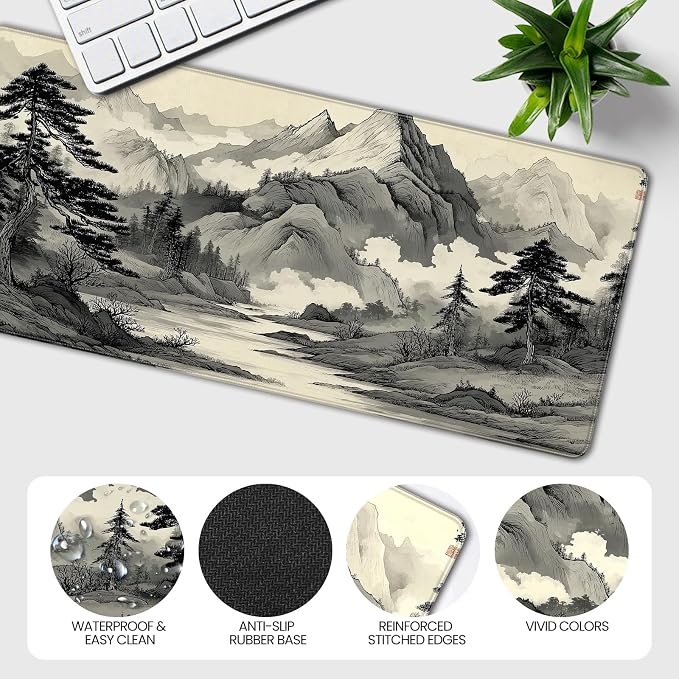 35.4 x 15.7 Inches Chinese Ink Painting Mountain Landscape Gaming Mouse Pad, XXLExtended Desk Mat with Non-Slip Rubber Base - Image 5