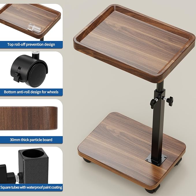 C Table End Table Adjustable Height, 360°Swivel TV Tray Table for Small Spaces, Side Tables with Wheels for Living Room and Bedroom, Bed (Walnut) - Image 6