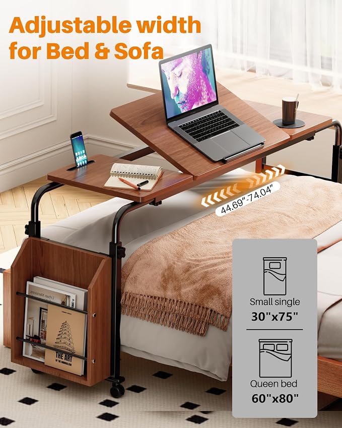 Laptop Desk for Bed,6-Angle Adjustable Overbed Table with Wheels,Adjustable Height and Length Bed Table for Laptop with Side Bookshelf,Standing Desk,Over Bed Desk for Working Hospital Home (Oaken) - Image 8