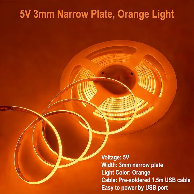 Ultra-Narrow 3mm USB COB LED Strip Self-Adhesive Cabinet Desk Bedroom Light (Yellow, 5ft) - Image 3