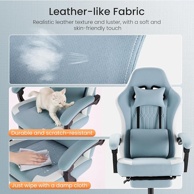 Sweetcrispy Video Game Chair, Ergonomic Computer Desk Chair, Lumbar Support | Footrest, Height Adjustable, Linkage Armrests, Headrest, Swivel Wheels, Blue - Image 4
