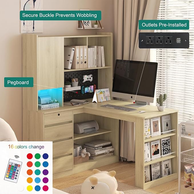 KEIKI L Shaped Home Office Desks with LED Light, Pegboard, Hutch, Drawers, Bookshelf & Storage Shelves, Modern Wooden Gaming Computer Corner Table for Work, Study, Writing - Image 3