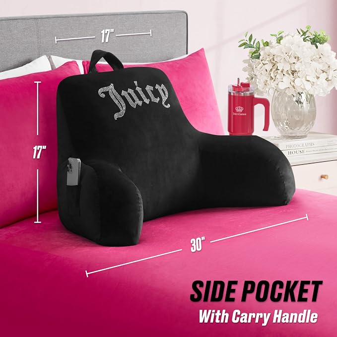 Juicy Couture Velour Backrest Pillow with Rhinestone Juicy Logo - 30"x17", Black Supportive Bed Rest Pillow for Reading, Gaming, or Relaxing - Image 4