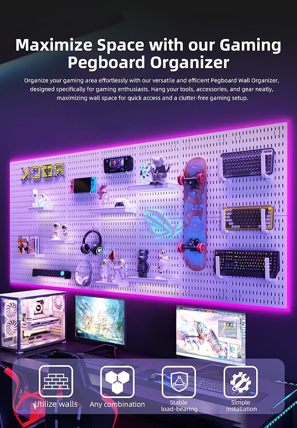 Wall Organizer Peg Board - Elevate And Declutter Your Gaming And Office - Create A Perfectly Structured Space(Black) - Image 4