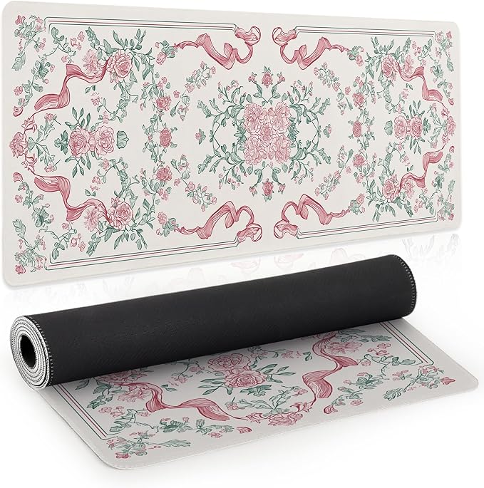 Pink Floral Gaming Mouse Pad, Desk Mat, XL Large Mousepad Non-Slip, Desk Pad, Extended Big Keyboard Mat for Desktop Decor, Office Desk Accessories for Women, 31.5x11.8in by Unknown