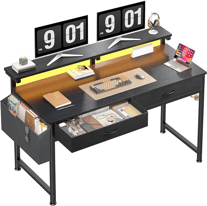 DurayLoly 47.3" Office Computer Desk with LED Lights &2Fabric Drawers,Black by Durayloly