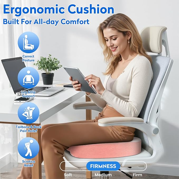 CushZone XL Memory Foam Seat Cushion for Office, Car & Wheelchair, Pink | U-shaped Coccyx Cutout, Contoured Design, Breathable Removable Mesh Cover, Non-Slip Base, Carry Handle - Image 6