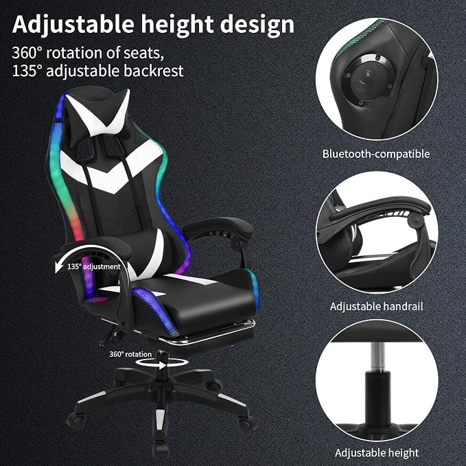 Gaming Chair with 2 Bluetooth Speakers & Lights, Ergonomic High-Back Office Chair with Headrest & 135° Recline, 360° Swivel Height Adjustable Faux Leather Computer Chair for Gaming, Office & Study - Image 4