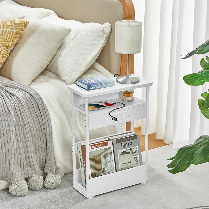YEAKOO Narrow Side Table with Charging Station, 3-Tier End Table with 2 USB Ports & Power Outlets,Thin Sofa Side Table for Narrow and Small Spaces, Bedside Table Nightstand for Living Room,White - Image 6