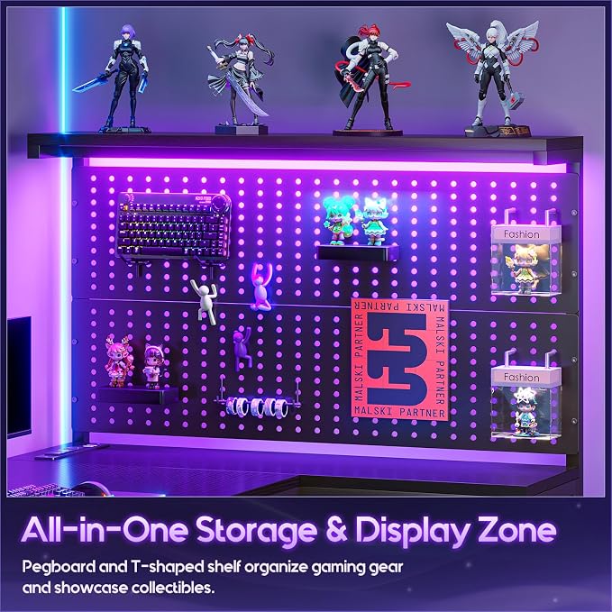 AODK 55" L Shaped Gaming Desk with Pegboard Hutch, LED Lights, Black | Large Pegboard, Power Outlets, USB Ports, Storage Shelves, CPU Stand, Reversible Layout for Gaming Rooms and Bedroom Corners - Image 4