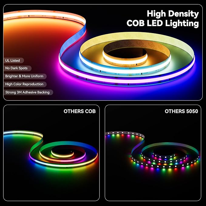 PAUTIX COB LED Strip Lights Pro, UL-Listed RGB Smart IC Chasing Color Addressable COB LED Tape Light, Music Sync Flexible RGB LED Lights, Smart Strip Light, for Party, Bedroom, Color Changing, 20ft - Image 6