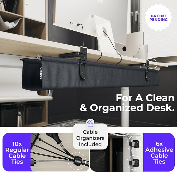Ascrono Original No Drill Under Desk Cable Management Tray 14.1" - Premium Black Fabric Cable Management Under Desk - Clamp/Screw Mount Cord Organizer - Supports Upto 66lbs - Image 5