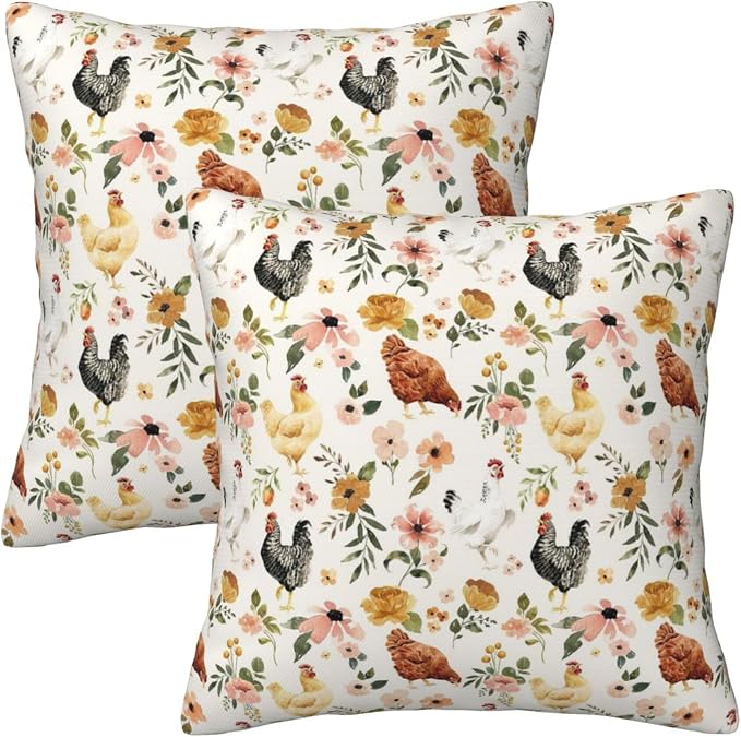 Chicken Pillow Cases & Throw Pillow Covers Set of 2, 18x18 Inch Soft Short Plush, Gifts for Chicken Lovers, Farmhouse Floral Decor for Living Room Bedroom Game Room(Chicken) by Unknown