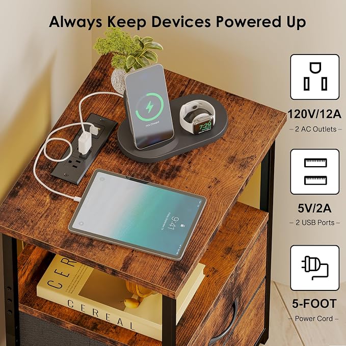 Fixwal Night Stand with Charging Station, Led Nightstand, 2 Fabric Drawers - Image 5