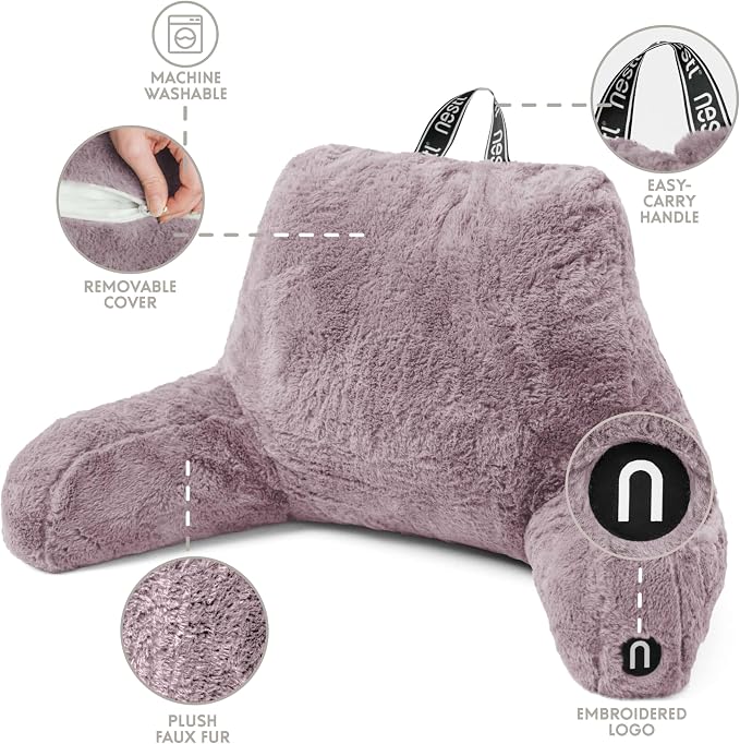 Nestl Fur Reading Pillow, Stylish Back Pillow for Bed Sitting Up, Faux Fur Bed Chair Pillow with Arms, Reading Pillows for Sitting in Bed Adult & Kids, Back Support Pillow for Bed Rest - Dusty Purple - Image 4