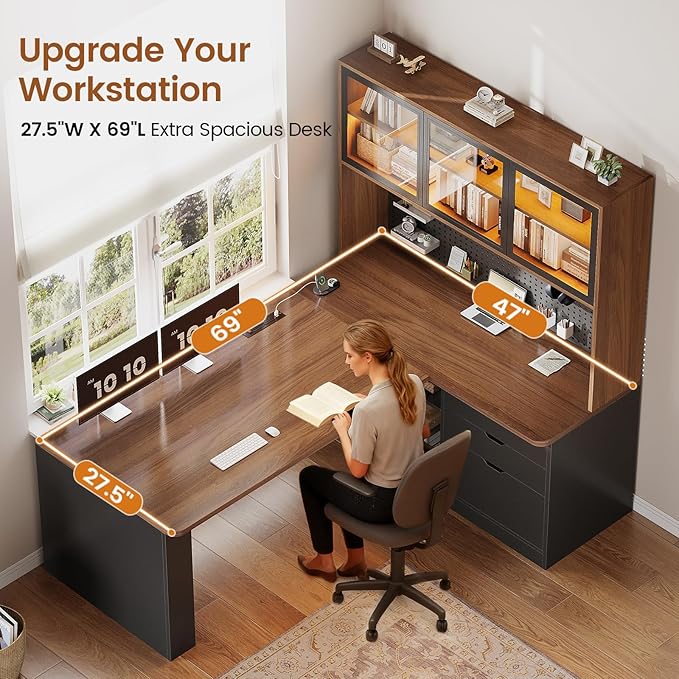 SEDETA L Shaped Computer Office Desk with 3 Wood Drawer and Large Bookshelf | L Shaped Corner Gaming Desk with LED Light, Display Cabinet and Pegboard, 27.5" W Large Desktop Table, Brown - Image 3