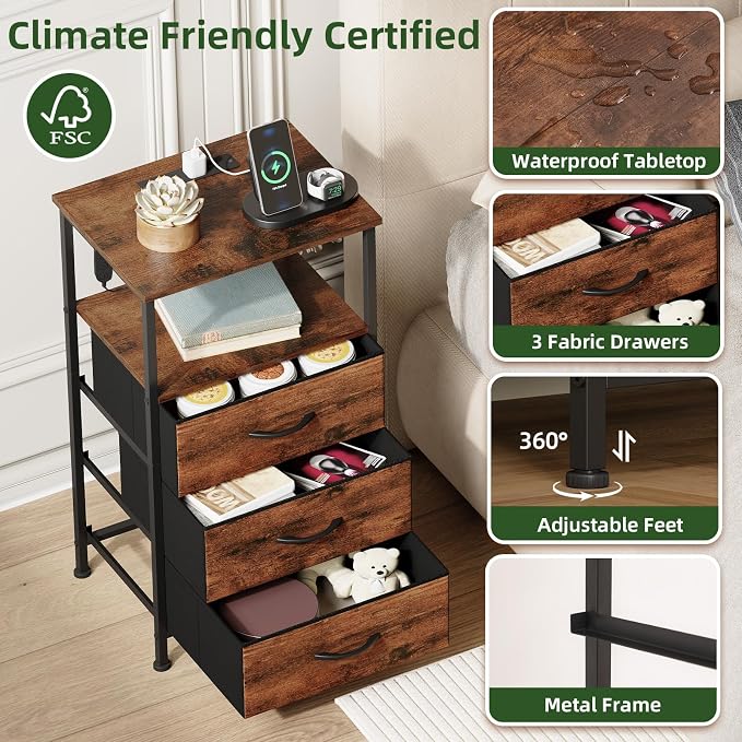 Somdot Nightstands Set of 2 with 3 Drawers, Charging Station & LED Light - Image 6