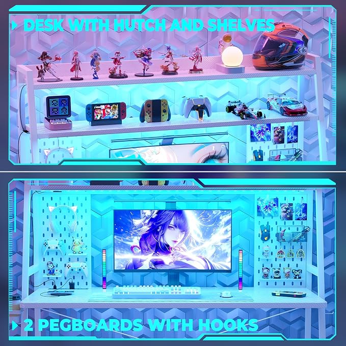Besiost Gaming Desk with Hutch and LED Lights, Gaming Computer Desk with Power Outlets, Gamer Desk with Storage Shelves, PC Game Desk with Pegboards for Bedroom, Carbon Fiber White, 49" - Image 5