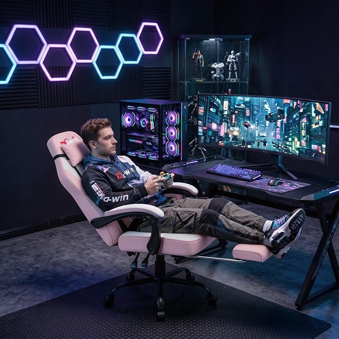 Shintenchi Big and Tall Gaming Chair Fabric Pocket Spring Cushion, High Back Recliner with Footrest and Headrest for Adults, Massage Lumbar Support for Home Office, Ergonomic Computer Desk Chair, Pink - Image 2