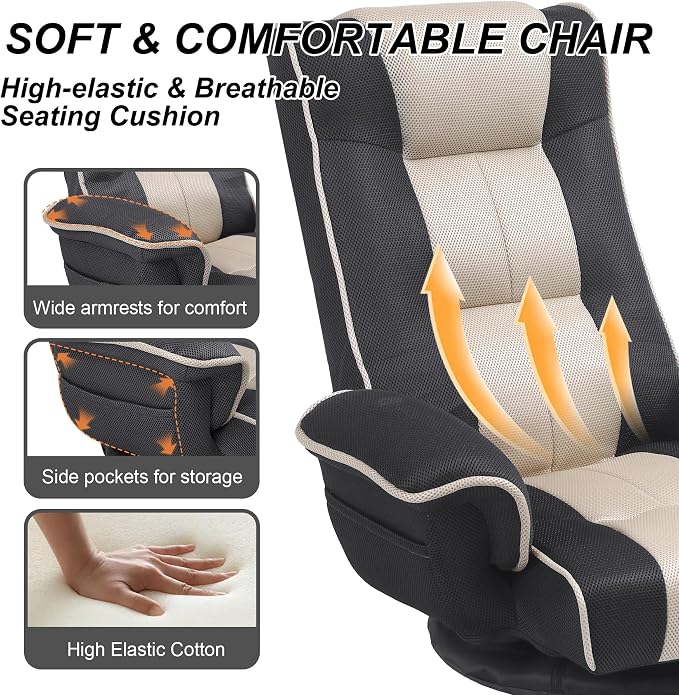 Swivel Floor Chair for Adults, 14-Position Adjustable Floor Gaming Chair with Back Support & Armrests, Foldable Lazy Sofa Lounge, Breathable Mesh for Gaming Reading Meditation (Grey/Beige) - Image 5