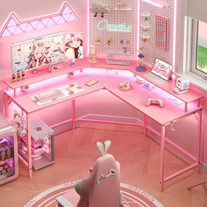 Huuger L Shaped Gaming Desk with Power Outlets & LED Lights, Computer Desk with Monitor Shelves, Carbon Fiber Surface, Home Office Desk, Corner Gaming Desk with Hooks, Carbon Fiber Pink - Image 2
