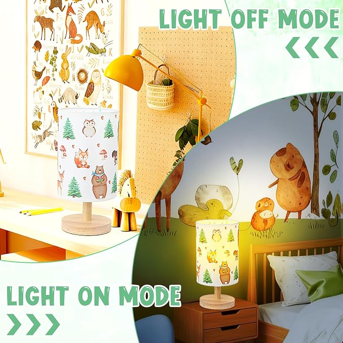 Woodland Animals Table Lamp - Woodland Kids Bedside Lamp with Linen Wooden Nightstand Cartoon Nursery Lampshade for Kids Room Decor - Image 4