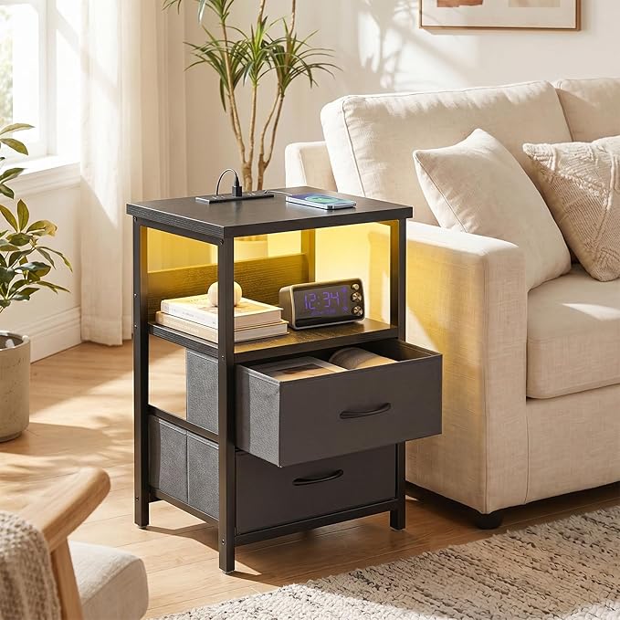 Fixwal Black Nightstands Set of 2, Led Night Stand with Charging Staion - Image 7