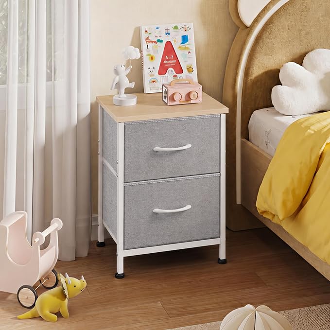 WLIVE Night Stand, Gray Nightstand with 2 Fabric Drawers, Small Dresser for Bedroom, Closet, College Dorm, End Table Side Furniture, Wood Top, Light Grey - Image 8