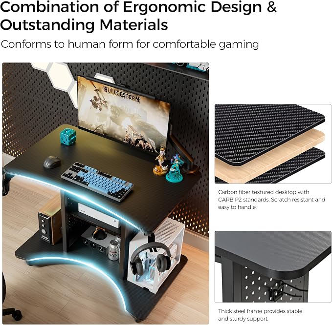 EUREKA ERGONOMIC Gaming Desk Computer, 37" Rolling Desk on Wheels for Small Space, Mobile Computer Cart with Pegboards Adjustable Shelves for Gaming PS Switch Home Office - Black - Image 8
