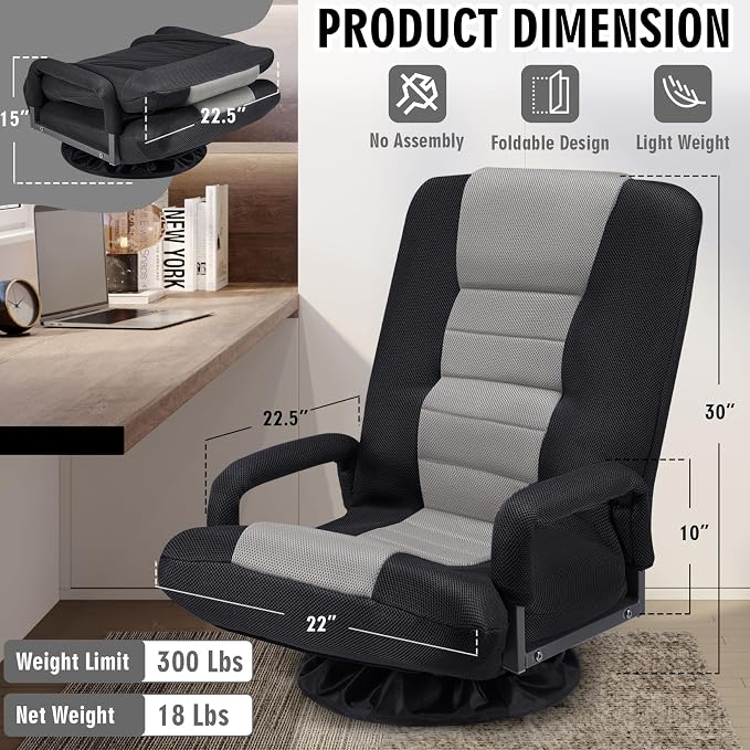 Swivel Floor Gaming Chair w/Armrests,Folding Video Reclining Sofa w/6 Adjustable Position, Padded Backrest & Cushion, Lazy Lounger Couch for E-Sports, Reading, Relaxing, Watching TV, Grey - Image 3