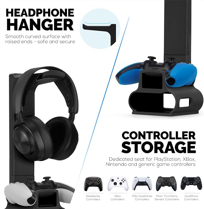 BRAINWAVZ Headphone & Game Controller Stand Designed for Steelseries Arctis Nova Pro, Elite and Pro Omni Wireless Headsets with Dock for the Wireless Base Station - Black (HP03) - Image 4