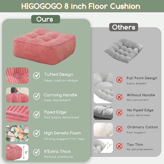 HIGOGOGO 8" Extra Thick Floor Pillow Cushion for Adults, Meditation Cushion Pillow, Large Square Floor Sitting, Tufted Corduroy Cover, for Tatami Living Room or Yoga, 22x22 Inch, Pink - Image 4